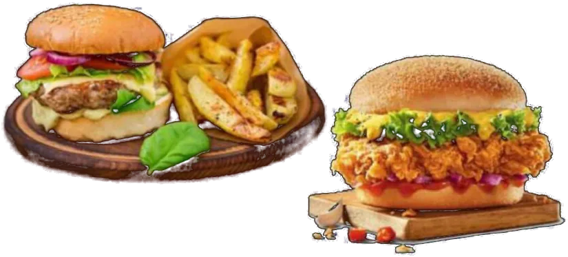 Hamburguesa con patatas y hamburguesa de pollo crujiente